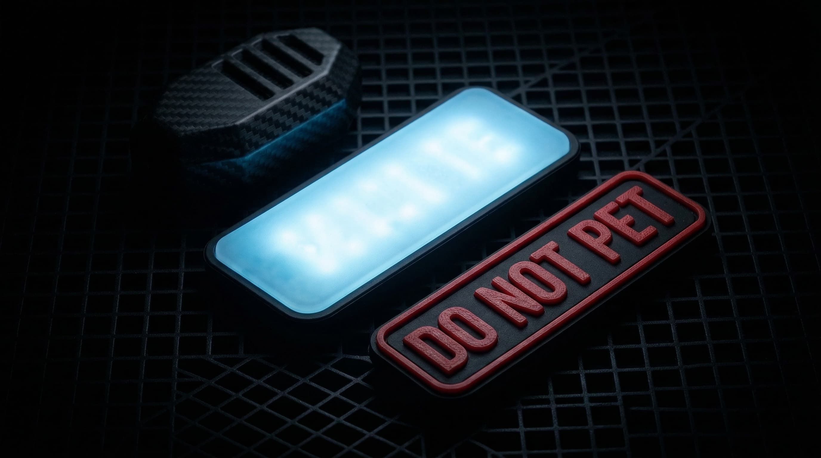 Macro shot of the V-Lite LED and do not pet defense badge